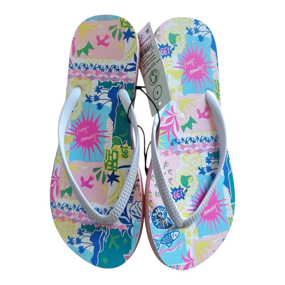 NWT NO‎ BOUNDARIES Women's Size 8 Flip Flop Sandals Slippers Graphic • Beach